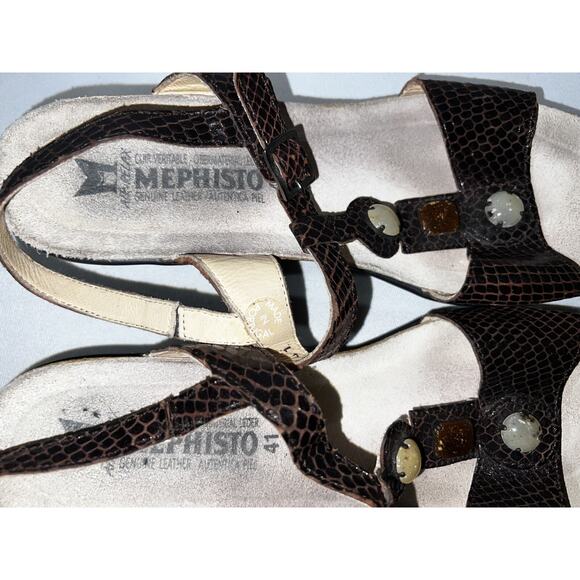 MEPHISTO Women's Sz 41 /11 Brown Embossed Beaded Air Relax T-Strap Wedge Sandals - Picture 8 of 9
